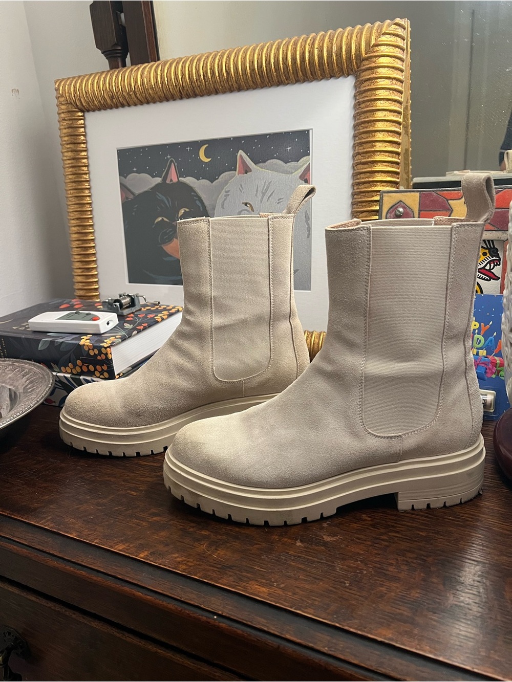 Saks Fifth Avenue Suede Platform Chelsea Boots cream ivory beige